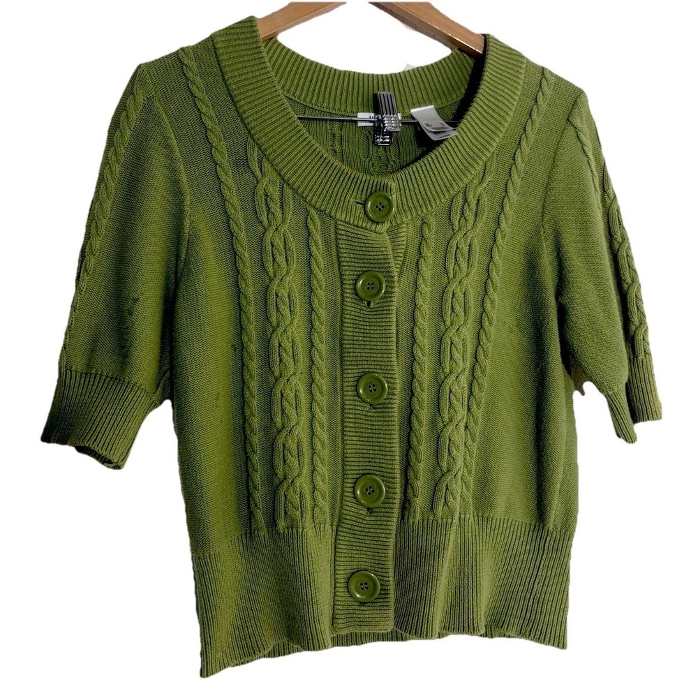 Y2K Womens Cardigan Sweater SS Green Cotton Cable Knit Buttons M Preppy Spring